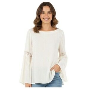 Basically Me Blouse Womens Large White Sheer Bell Sleeve Tunic Boho Crochet Chic